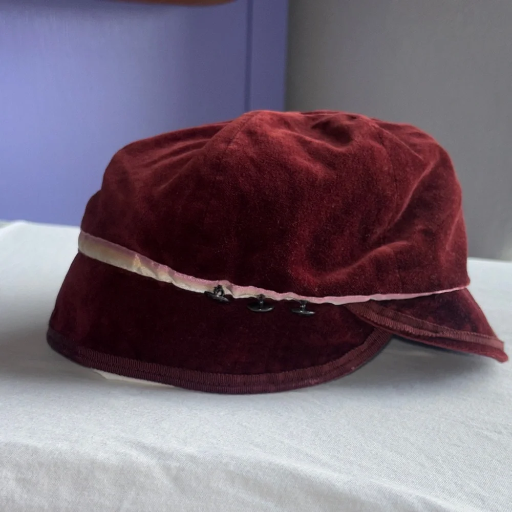 Anthropologie NEST Velvet Burgundy bucket Hat Ribbon Button Detail y2k - Picture 1 of 7